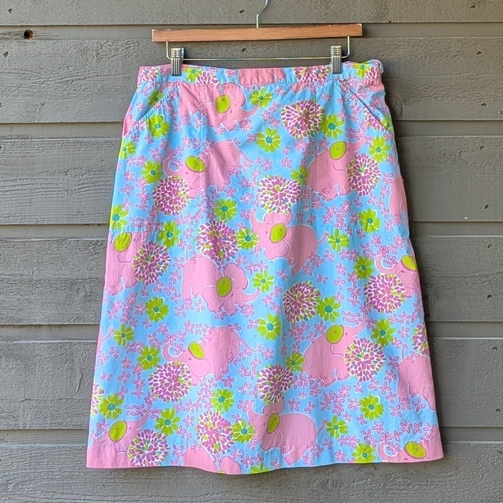 VTG Lilly Pulitzer Elefrance Pink Blue Midi Wrap Skirt Size 14 Pockets Elephants